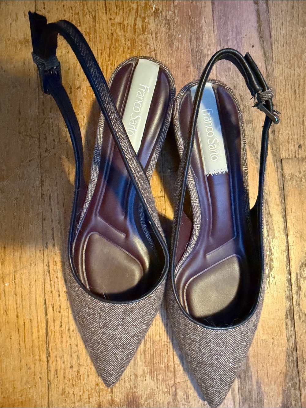 Franco Sarto Brown Herringbone Pointed Slingback Heels